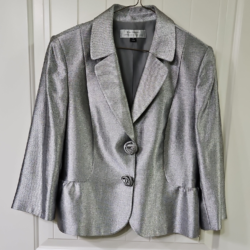 Tahari Silver Grey Vintage Dress Jacket With Decorative Buttons, Peplum Waist